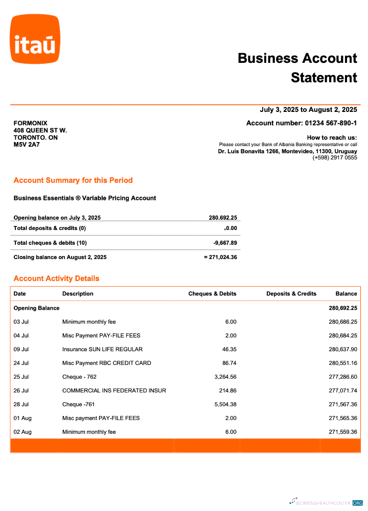 Download Uruguay Itau enterprise statement Word and PDF template Photoshop template